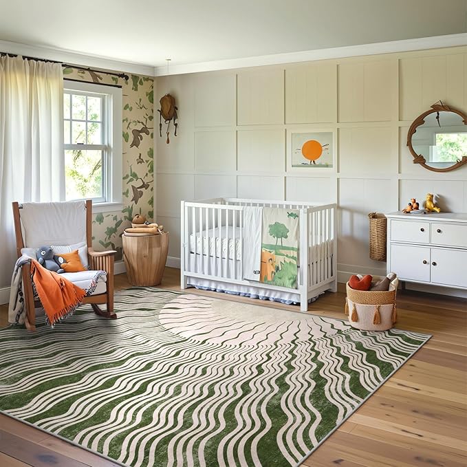 Boho Washable Rug 6x9, Soft 6x9 Green Rugs for Living Room Classroom, Ultra-Thin Non Slip Bedroom Rug Stain Resistant Large Carpet for Dining Room Nursery(6'x9',Green/Multi)