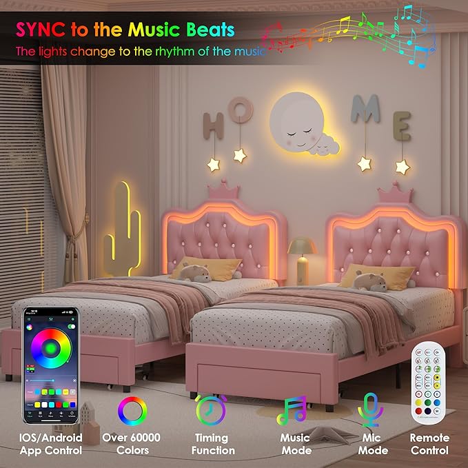 Keyluv Twin Upholstered LED Bed Frame with Storage Drawer, Leather Princess Platform Bed with Adjustable Crystal Button Tufted Crown Headboard, Solid Wooden Slats Support, No Box Spring Needed, Pink