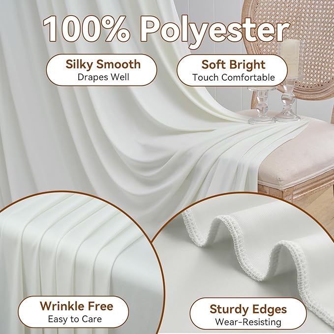 30×12ft Wrinkle Free Ivory Backdrop Curtain for Wedding Parties, 6 Panels 5×12ft Long Soft Silky Polyester Backdrop Drapes Cream Photo Back Drop Curtains for Party Photography Background Cloth