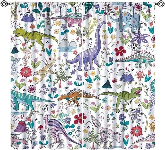 Dinosaur Curtains Cartoon Cool Funny Dino Tropical Plant Leaves Flowers Aesthetics Art Print for Kids Boys Bedroom Living Room Rod Pocket Decoration Window Drapes 2 Panels W21xL54in