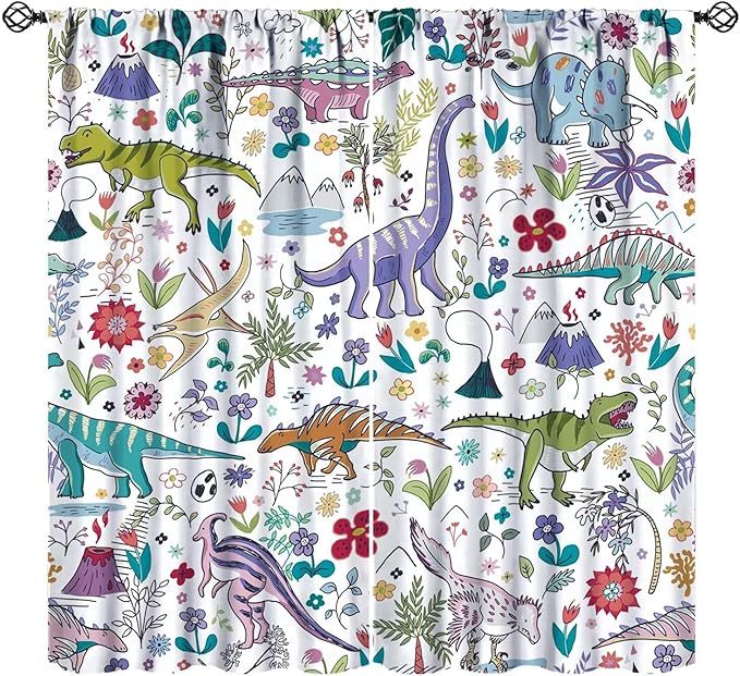 Dinosaur Curtains Cartoon Cool Funny Dino Tropical Plant Leaves Flowers Aesthetics Art Print for Kids Boys Bedroom Living Room Rod Pocket Decoration Window Drapes 2 Panels W26xL84in