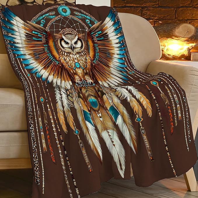 Owl Blanket Native American Decor Throw Blanket Super Soft Flannel Lightweight Fluffy Plush Fuzzy Fleece Indian Blanket Gifts for Girl Woman Adults Man Boys Kids Baby for Bed Sofa 40"X50"