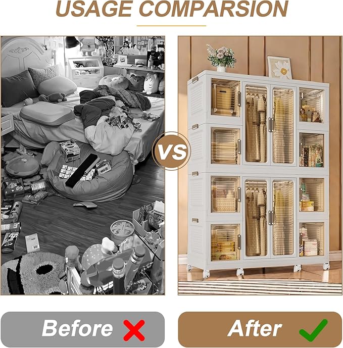 Portable Closet Wardrobe, Foldable Clothes Organizer with 10 Cubby Storage, 2 Hanging Rods, Easy Assemble Clothing Storage with 16 Hangers, Kids Wardrobe Cabinet