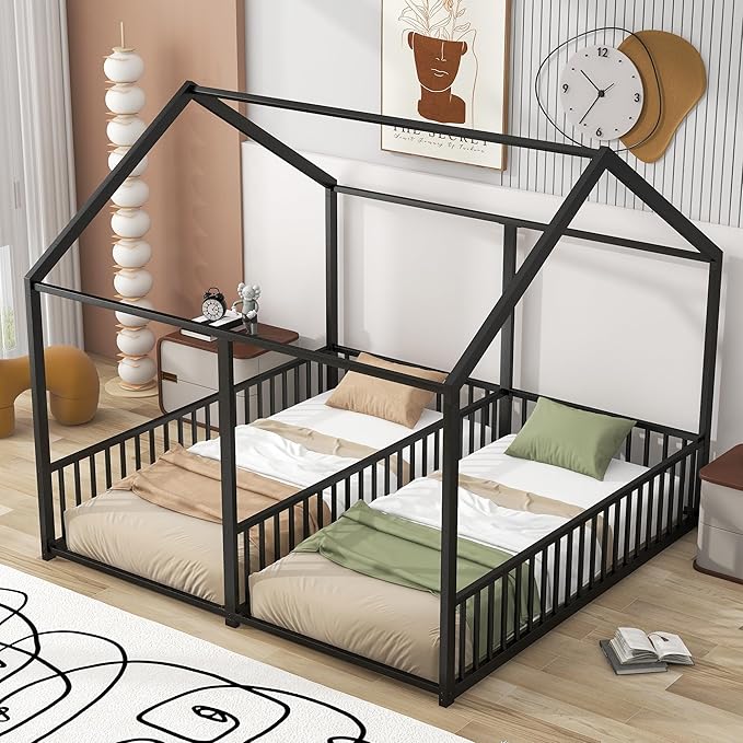 Harper & Bright Designs Metal Twin Size House Platform Bed Frame for Boys Girls Kids Adults Toddler, Two Shared Beds, Black