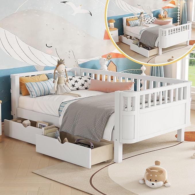 Twin Bed Frame with Rails for Kids, Wood Montessori Bed Twin with 2 Storage Drawers &Slats Support, Modern Daybed with Removable Bed Rails for Girls Boys Bedroom Living Room, White