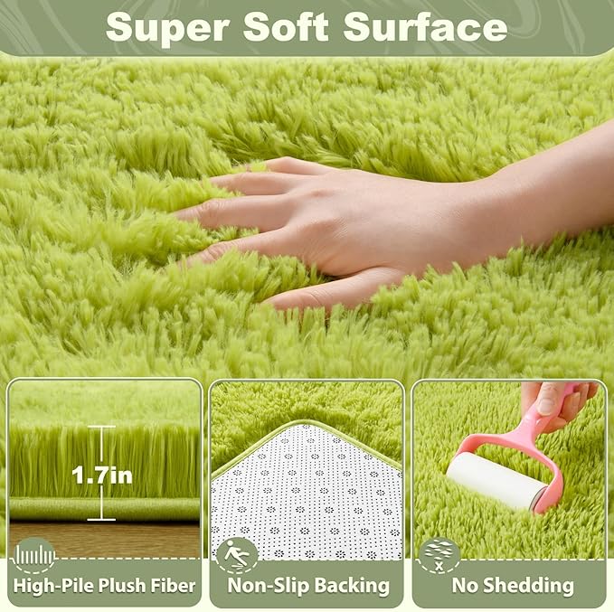 EVOIONOS 5x7 Washable Large Area Rug Living Room, Fluffy Shag Rug for Bedroom, Ultra Soft Plush Non Slip Carpet Indoor Floor Bedside Nursery Kids Girls Room Dorm, Home Decor Aesthetic, Green Grass