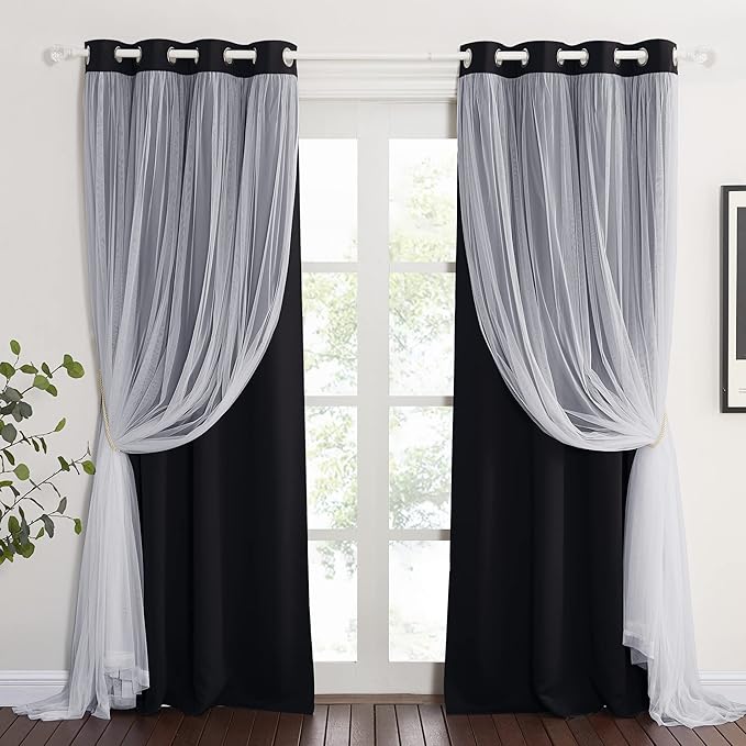 PONY DANCE Curtains for Bedroom - Blackout Curtains and White Sheer Overlay Light Blocking Drapes for Dining Room with Free Tiebacks, cortinas para sala modernas (52x63 inches, Black, 2 Pieces)