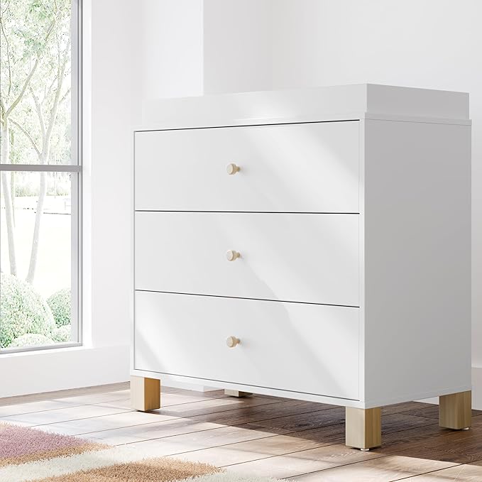 Storkcraft California 3-Drawer Chest with Removable Changing Topper (White with Driftwood) – GREENGUARD Gold Certified, Interlocking Drawer System, Pre-Installed Tracks, Easy Assembly