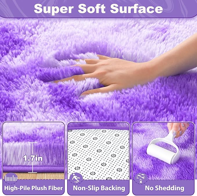 EVOIONOS Tie-Dyed Purple Round Rug for Bedroom, 4x4 Ft Fluffy Soft Circle Area Rugs for Living Room, Plush Shaggy Circular Carpet for Indoor Floor Bedside Kids Nursery, Home Decor Aesthetic