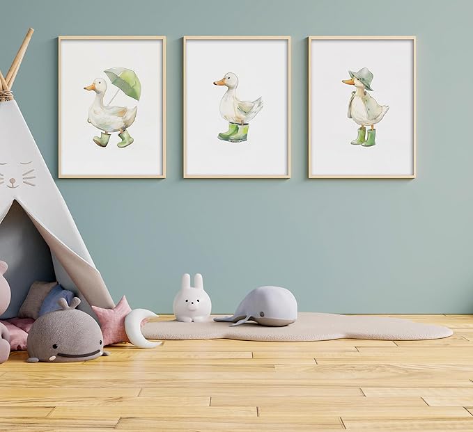3Pcs Baby Animal Nursery Wall Art Funny Green Rain Gear Duck Painting Picture Wall Decor This Set of 3 Happy Ducks Wearing Green Boots Poster Print Artwork for Kids Boys Room Bedroom Decorate,Unframed