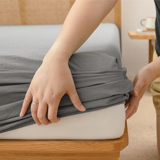 BESTOUCH Sheet Set 100% Washed Cotton Linen Feel Super Soft Comfortable Chic Lightweight 4 Pcs Home Bedding Set Solid Dark Grey King