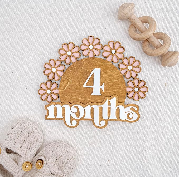 Wooden Baby Monthly Milestone Set, Floral Baby Age Tracker with Numbers and Months Weeks Signs, 3D Layered Wood Photo Prop for Newborn Monthly Pictures, Cute Floral Nursery Keepsake