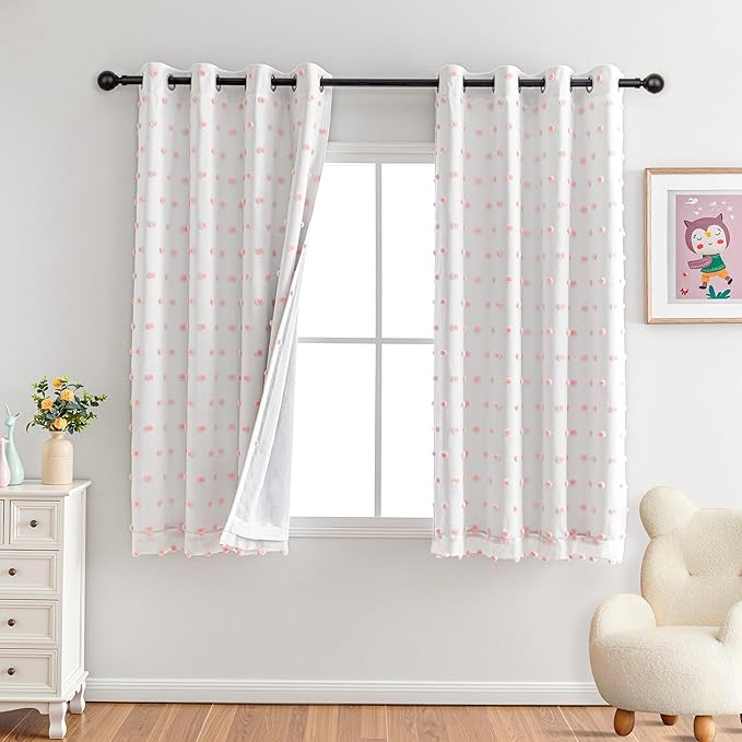 MYSKY HOME Pink Pom Pom Blackout Curtains for Girls Bedroom 63 Inch Long 100% Blackout Curtains for Kids Room 2 Panels Room Darkening Small Window Treatment Grommet 2 Layered Drapes Toddler 52W x 63L