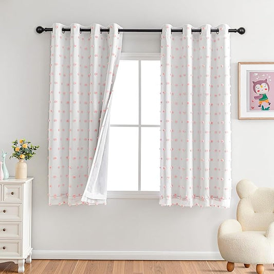 MYSKY HOME Pink Pom Pom Blackout Curtains for Girls Bedroom 63 Inch Long 100% Blackout Curtains for Kids Room 2 Panels Room Darkening Small Window Treatment Grommet 2 Layered Drapes Toddler 52W x 63L