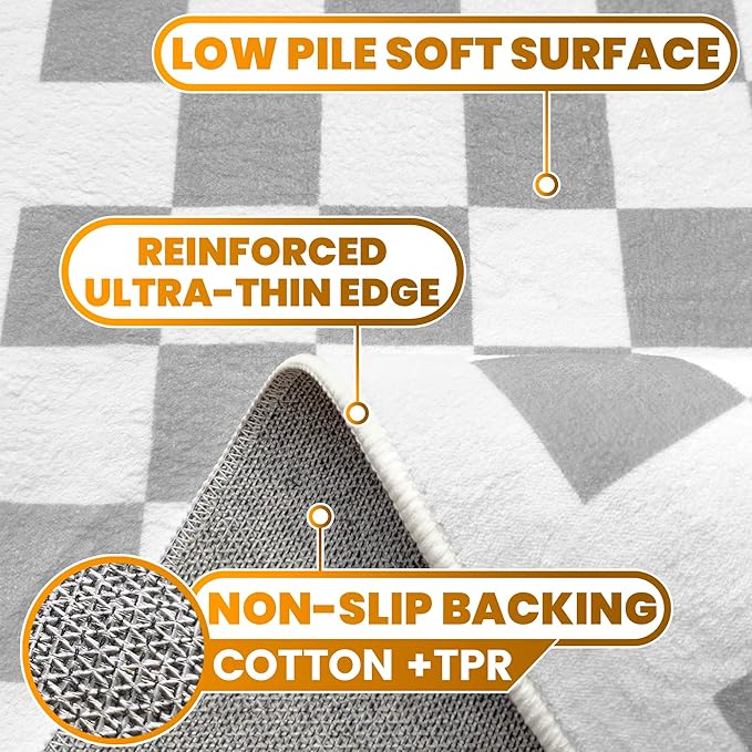 Washable Checkered Rug, 5x7 Grey Checkerboard Modern Foldable Large Area Rugs for Living Room, Low Pile Ultra-Thin Non-Slip Indoor Doormat Carpet for Office Bedroom Diningroom Classroom Dorm