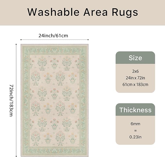 GENIMO 2x6 Vintage Floral Runner Rug, Soft Microfiber Washable Rug with Non-Slip Backing, Green Carpet for Entryway, Kitchen, Bedroom