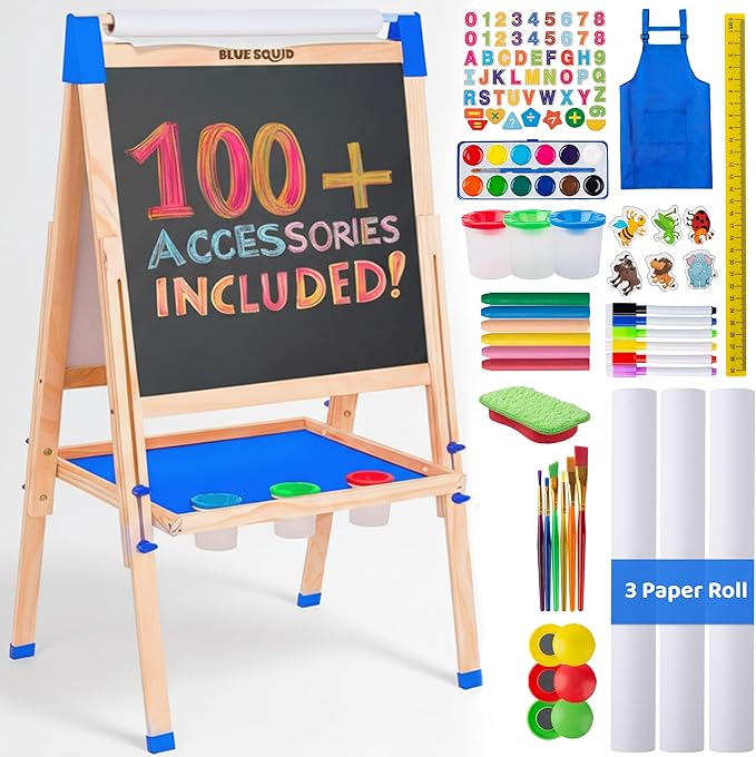 Blue Squid Art Easel for Kids with Paper Roll x 3, Includes 100+ Accessories, Double Sided Adjustable Wooden Painting Easel with Magnetic Chalk Board, White Board for Toddlers Ages 3,4,5,6,7,8,9,10,12