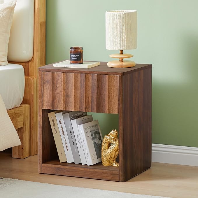 Fluted Dresser, Small Nightstands Set of 2, Natural Bedside Table with Drawer and Storage, Mid Century Modern Side Table for Bedroom Sofa