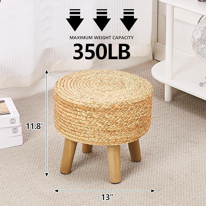 Cpintltr Round Ottoman Natural Seagrass Footstool Hand Weave Water Hyacinth Poufs Eco Friendly Sofa Foot Stool Soft Step Stool Padded Foot Rest with Pine Legs for Living Room (Natural)