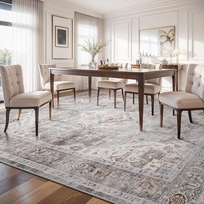 AMOAMI Area Rug - 9x12 Vintage Soft Grey Rug - Non Slip, Washable for Living Room, Bedroom, Dining Room, Office