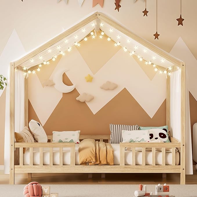 Montessori Floor Bed with Canopy, High Railings and Roof, Full Size Wood House Bed Frame for Kids Bedroom (Natural/C)