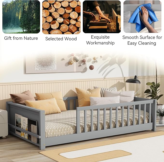 Twin Toddler Floor Bed with High Rails, Wooden Montessori Bed Frame with Built-in Book Rack, Twin Size Bed Frame for Kids, Boys and Girls, Grey