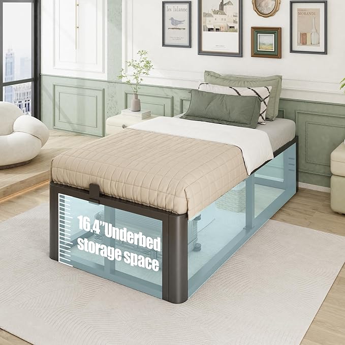 Metal Heavy Duty 18 inch Twin XL Bed Frame with Rounded Corner and Headboard Hole Mattress Retainers 3500 LBS No Box Spring Needed Platform Noise Free Easy Assembly