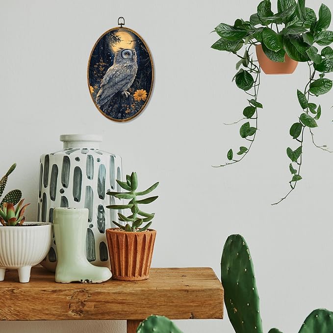 Hiuwevt Moonlight Floral Owl Oval Wall Art Decor, Dark Academia Cottagecore Framed Canvas Prints, Whimsical Gothic Owl Oval Wall Hanging Decor for Home Bedroom Decorations, 8.6x11.4 Inches