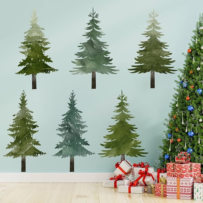 Watercolor Pine Tree Wall Stickers Large Tree Wall Decals Peel and Stick Green Trees Decals Christmas Trees Sticker Woodland Forest Trees Sticker for Nursery Bedroom Kids Room Decor