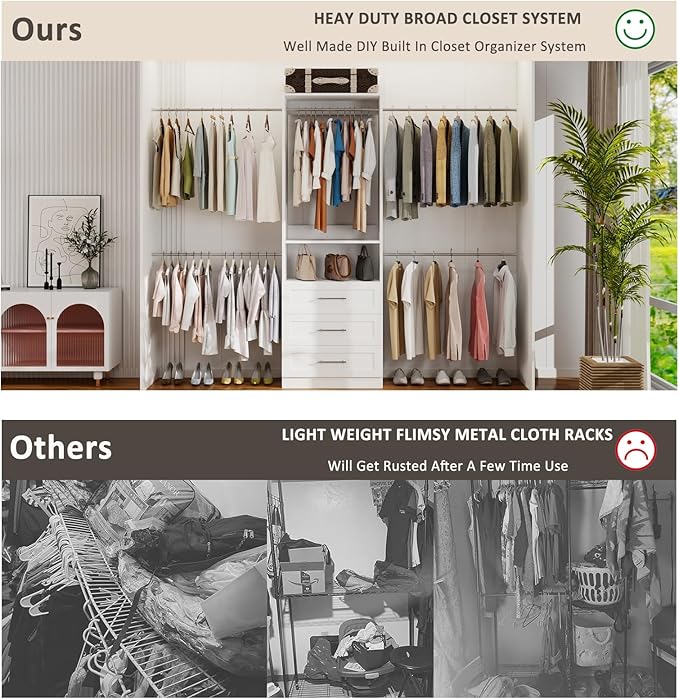 4–8FT Closet System with 3 Wood Drawers, Closet Organizer System with 5 Stainless Steel Rods, Modular Walk-in Closet System with Shelves, Wall Mounted Built-in Closet Organization System