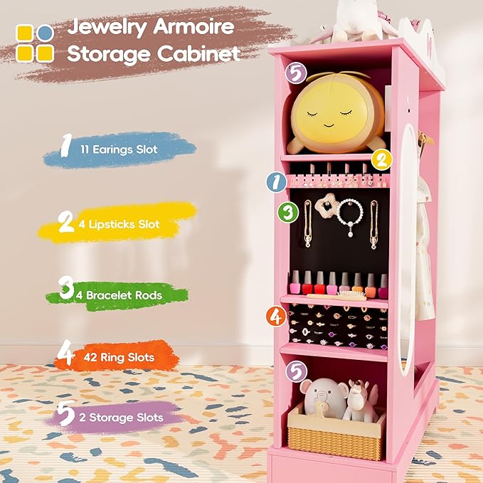 Kids Armoire with Jewelry Cabinet, Kids Dress Up Storage wth Shelves, Girls Wardrode Costume Organizer with Mirror, Children Closet with Armoire for Bedroom, Kid Room, Girls (Pink)
