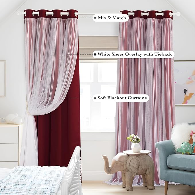 PONY DANCE Sheer Overlay Blackout Curtains - Room Darkening Curtains and Sheer Layered, Grommet Draperies for Living Room Window Decoration with Extra Tiebacks (W52 x L84 inch, Red, Set of 2)