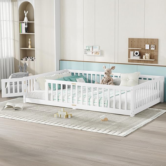 Bellemave Queen Size Floor Bed for Kids, Girls, Boys, Wood Floor Bed with slats and Door, White