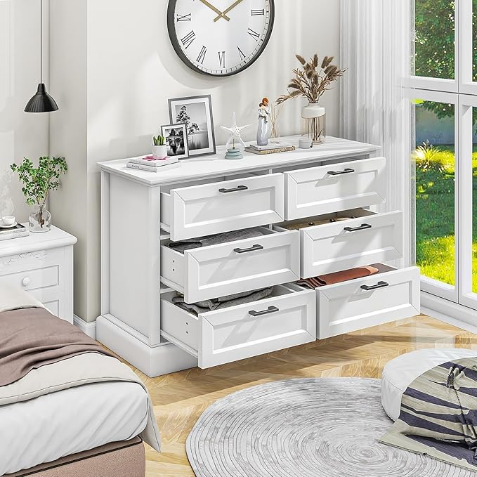 White 6 Drawer Dresser for Bedroom, Modern Chest of Drawers with Deep Drawers, Wood Double Dresser for Storage Clothes