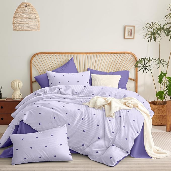 Purple Heart Duvet Cover Twin Size Cute Heart Pattern Bedding Set 3Pcs Love Printed Reversible Soft Microfiber Coquette Comforter Cover with Zipper Closure and 2 Pillowcases