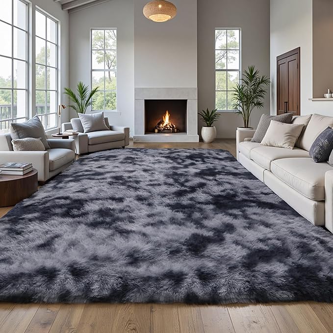 Grey Fluffy 8x10 Large Area Rugs for Bedroom Living Room,Tie-Dye Dark Gray Soft Washable Shag Carpet for Kids Room, Nursery, Dorm Decor, Colorful Cute Plush Fuzzy Rugs for Baby Toddler