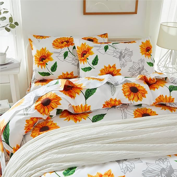 Brandream Duvet Cover Full/Queen Size 3 Pieces Boho Sunflower Farmhouse Floral Girl Women Floral Bedding Duvet Cover Set Super Soft Breathable with Zipper Closure & Corner Ties(Yellow White)