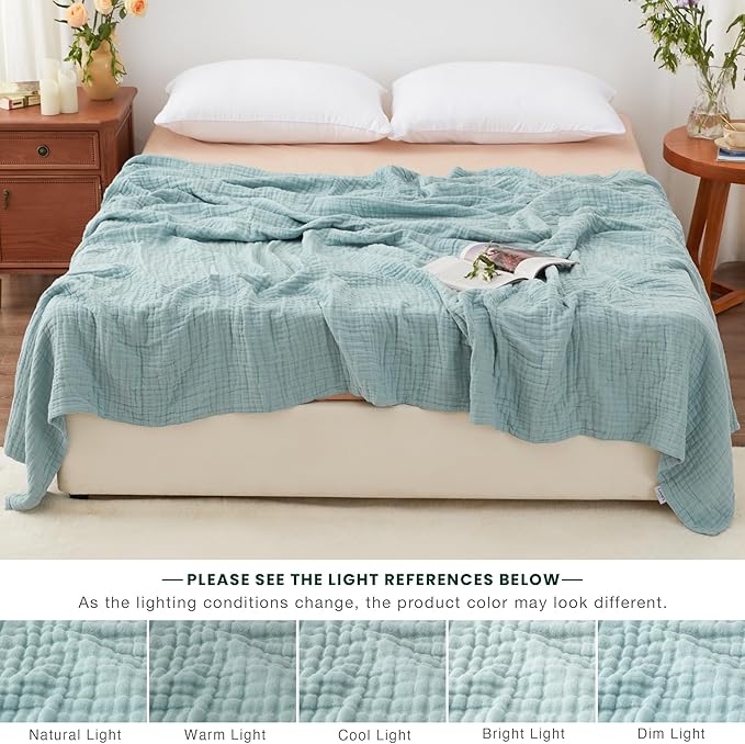 Love's cabin 6 Layer 100% Cotton Muslin Blanket, 108"x90" Muslin King Size Blanket for Bed Couch, Lightweight and Breathable Cotton Gauze for Adult, Cyan