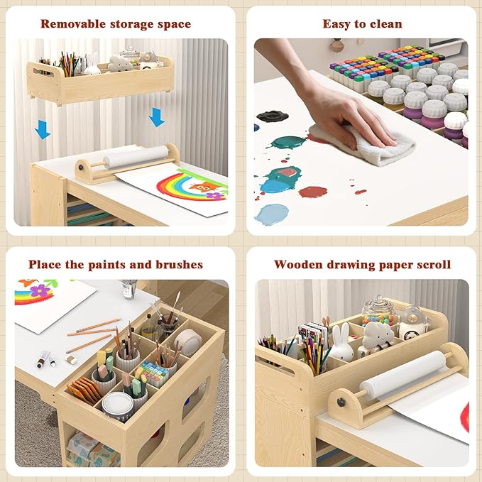 50″Lx22″W Kids Art&Craft Table and 2 Chairs Set, Portable Supply Organizer and Paper Roll Dispenser, Art Desk and Craft Table for Kids, Toddler Activity and Coloring Tables with Storage(White)