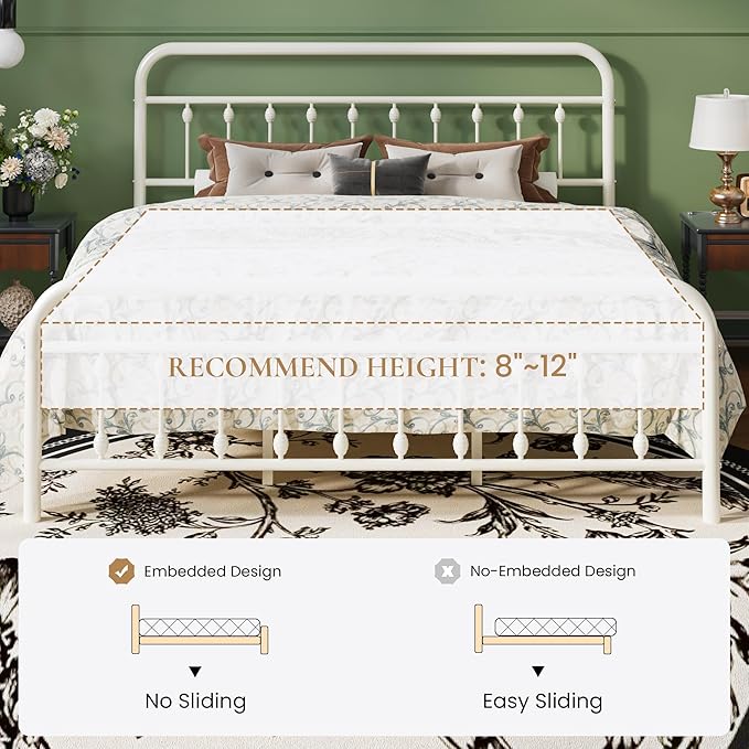 SHA CERLIN King Size Metal Platform Bed Frame with Victorian Style Iron-Art Headboard and Footboard, Easy Assembly, Under Bed Storage, No Box Spring Required, White