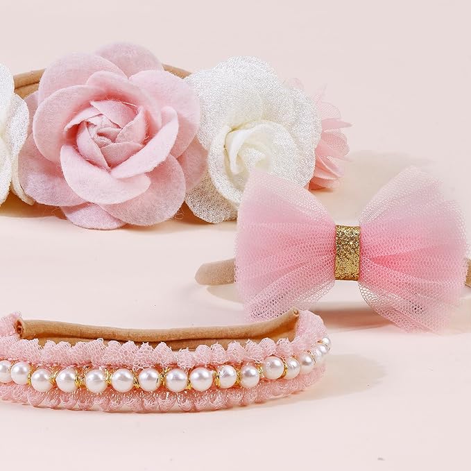 OOSAKU Baby Girl Flower Headbands Set Elastic Floral Headbands 6pcs Soft Nylon Hair Band for Newborn Toddler Hair Accessories (XKFD001)