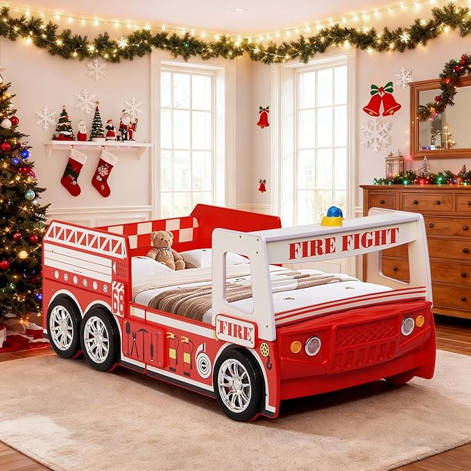 LKTART Twin Size Car Bed for Kids, Fire Truck-Shaped Wooden Platform Bed Frame with LED Lights, Headboard Wheels and Support Slats for Boys Toddlers Child's Bedroom (Red)