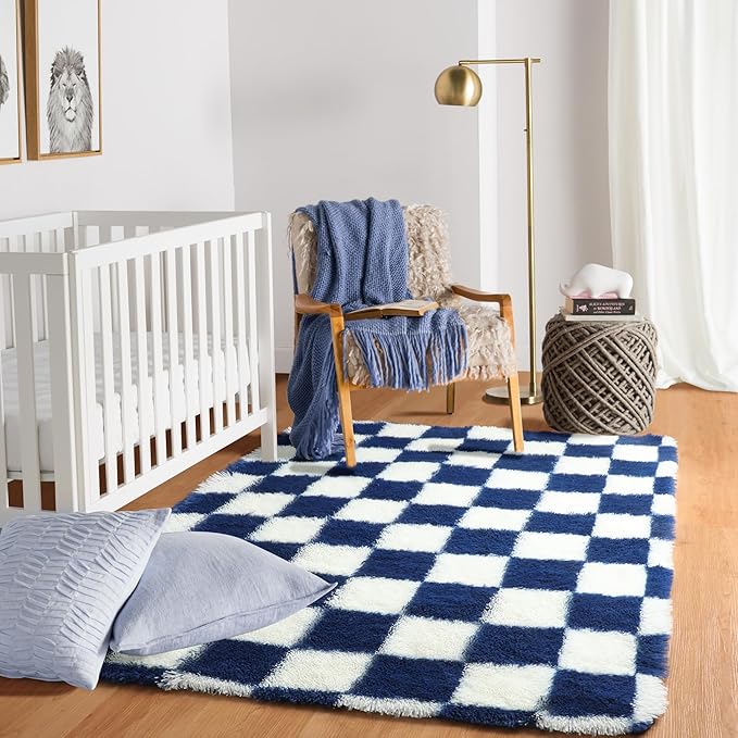 KICMOR Soft Fluffy Navy Blue and Cream White Area Rug for Bedroom, 3x5 Fuzzy Shag Shaggy Checkered Rugs Small Carpet for Living Room, Indoor Plush Checkerboard Rug for Kids Boys Home Décor Aesthetic