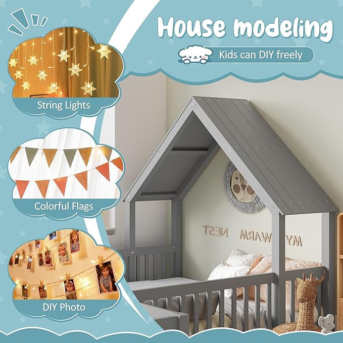 Harper & Bright Designs Full Size House Shaped Double Floor Bed with Door and Full-Length Guardrails, Solid Wood Kids Montessori Floor Bed for Girls Boys, Multi-Function, Grey