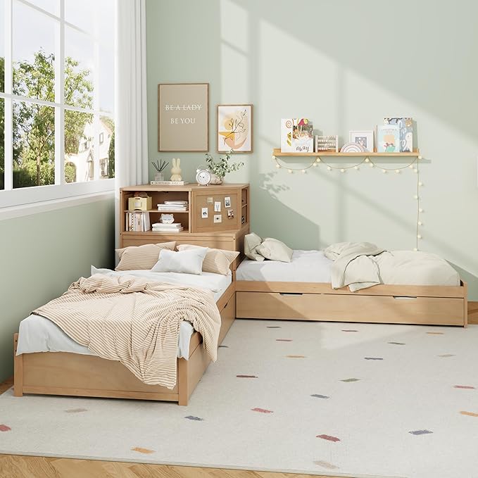 Harper & Bright Designs L-Shaped Corner Bed with Trundle, Wooden Double Twin Bed Frame for Kids, 3-in-1 Low Platform Bed with Built-in Nightstand and LED Light