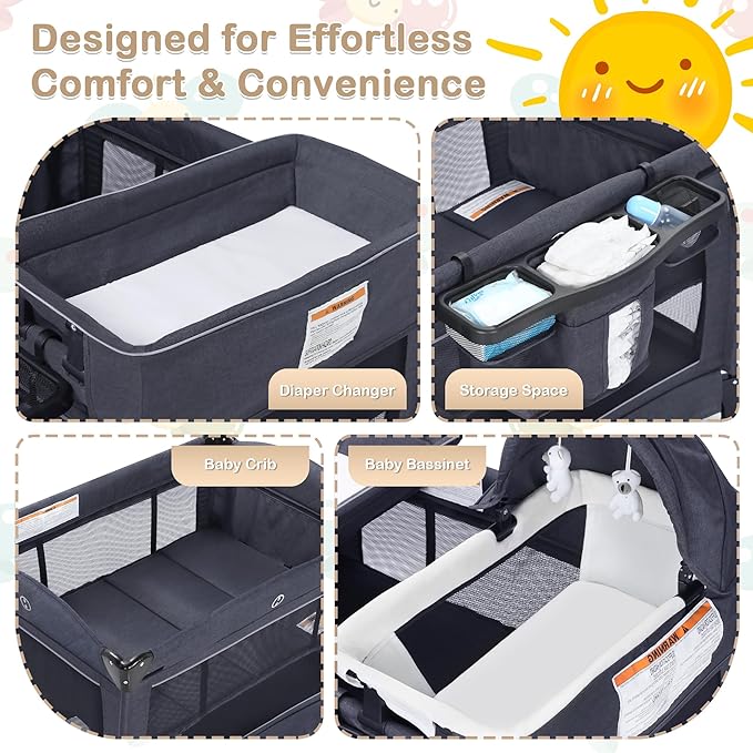 4 in 1 Multifunctional Pack and Play, Foldable Baby Playards with Changing Table & Breathable Mesh, Baby Playpen for Babies and Toddlers, Grey