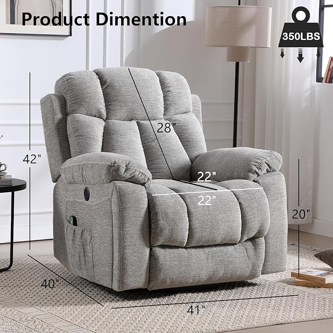 CANMOV Large Power Lift Recliner Chairs with Massage and Heat for Elderly Big People, Heavy Duty Motion Reclining Mechanism-Anti Skid Fabric Recliner Chair with 2 Concealed Cup Holders, Smoke Gray
