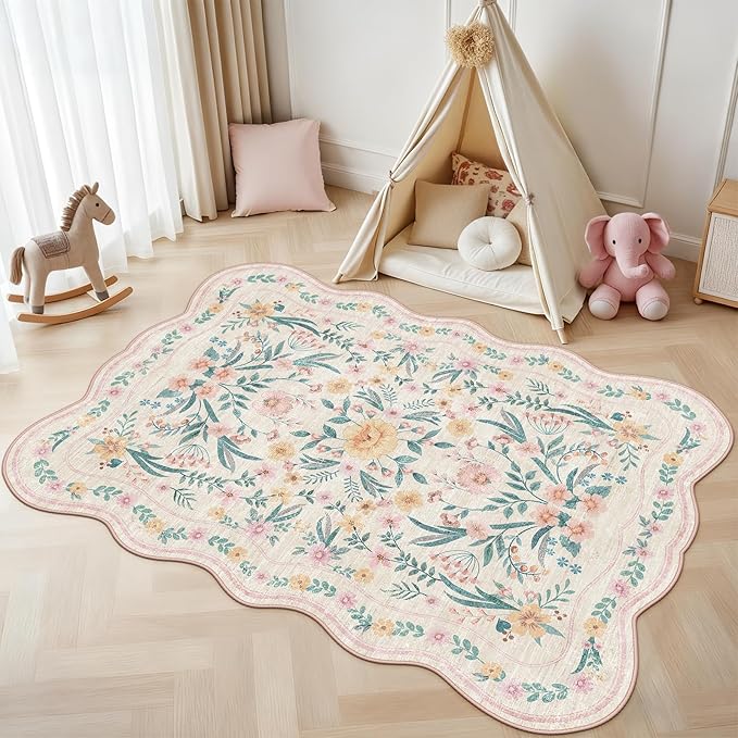 Pink Floral Rug 3X5 for Girls Bedroom or Nursery, Scalloped Washable Non-Slip Area Rug, Cute Soft Boho Carpet for Kids Room, Dorm, or Playroom