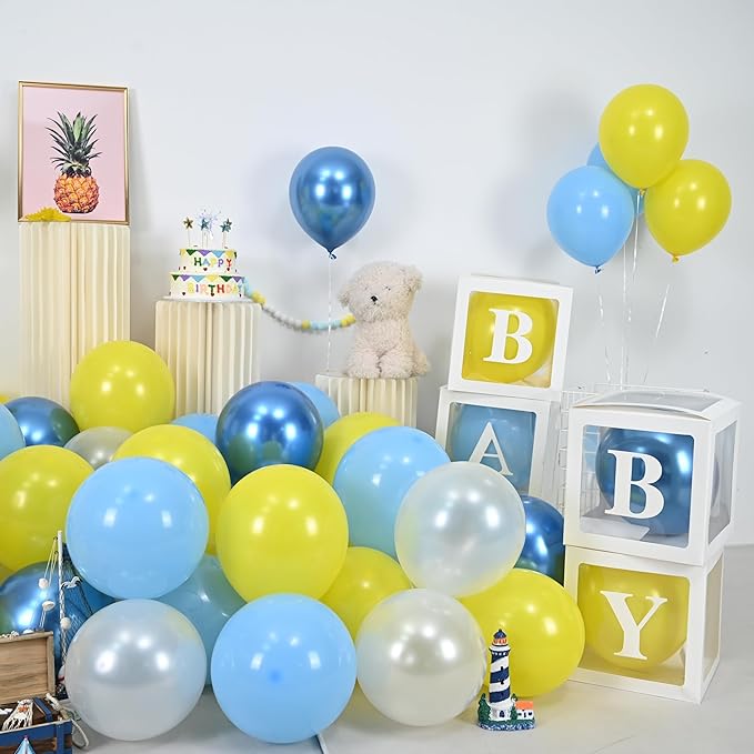 Blue Yellow Balloon, 60 PCS 12 Inch Cartoon Theme Balloons Blue Yellow and White Balloons for Kids Cartoon Party Baby Shower Duck Birthday Party Decorations