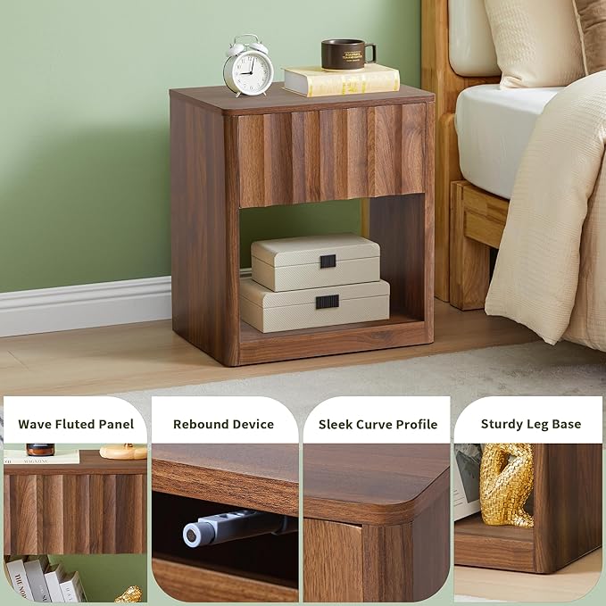 Fluted Dresser, Small Nightstands Set of 2, Natural Bedside Table with Drawer and Storage, Mid Century Modern Side Table for Bedroom Sofa